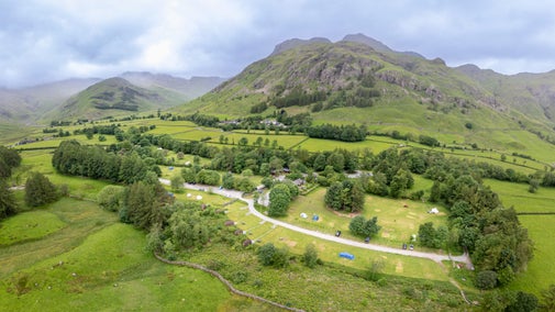 An aerial view of Great Langdale Campsite, Cumbria